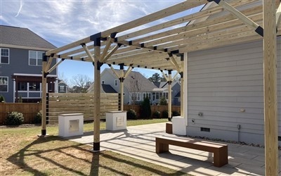 Custom L-Shaped Toja Grid Wood Pergola Project